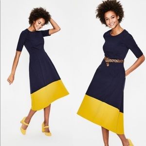 Boden Wren Ponte High Low MIDI Dress US 4 (UK 8) - Navy & Gold